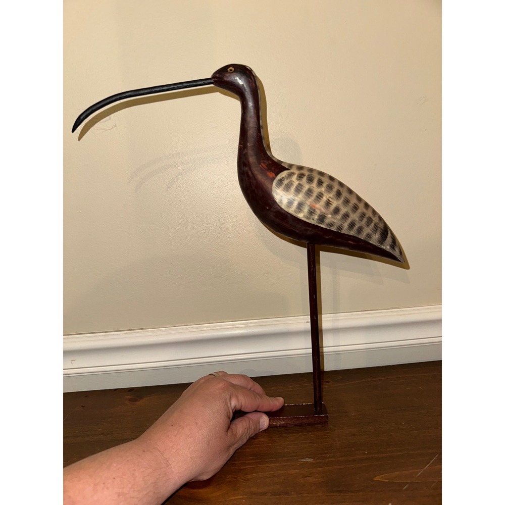 Vintage Hand Carved Wooden Shorebird Decoy Curlew Ibis Long Beak Folk Art Statue